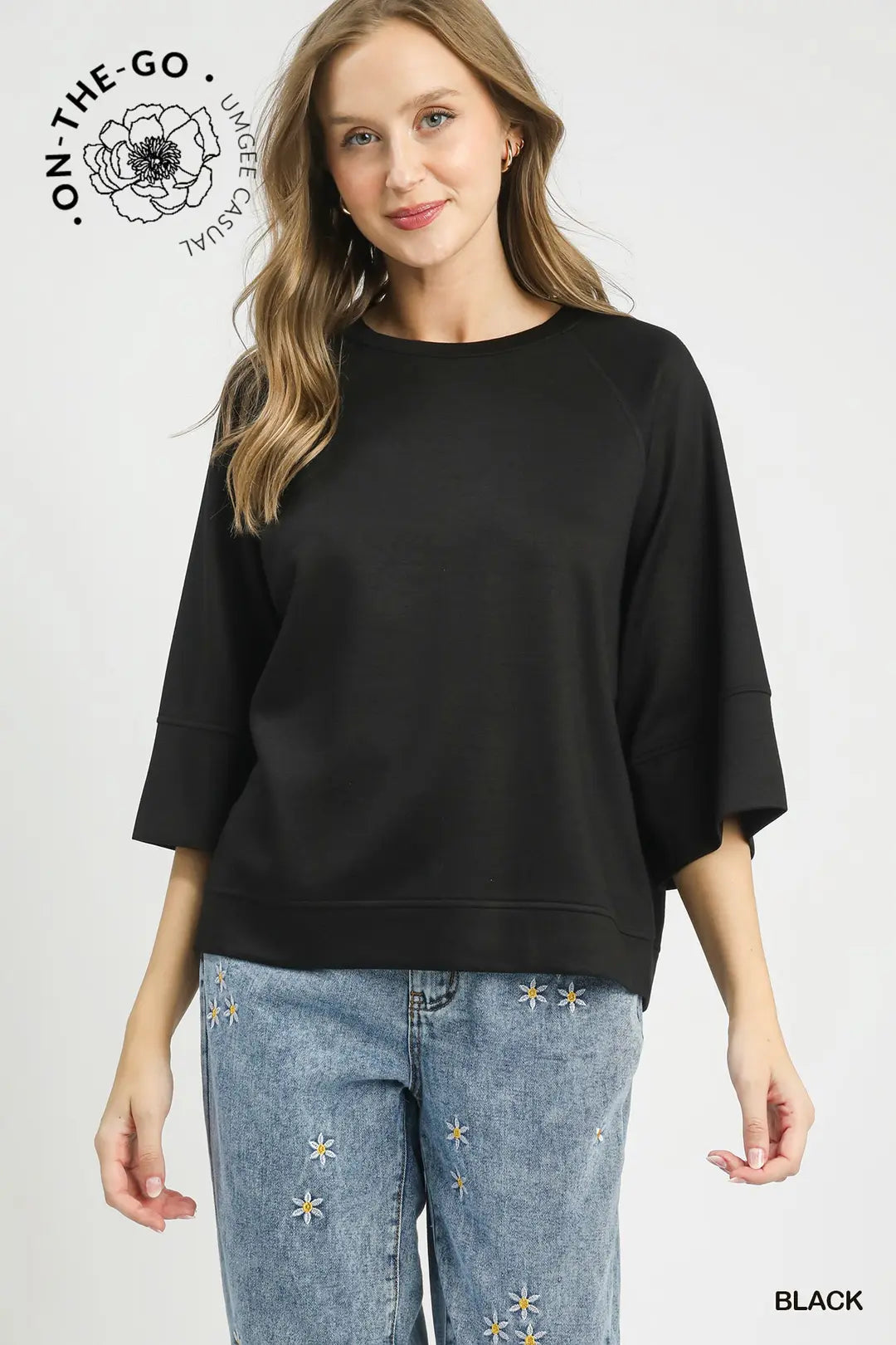 Umgee 3/4 Raglan Sleeve Top-Black