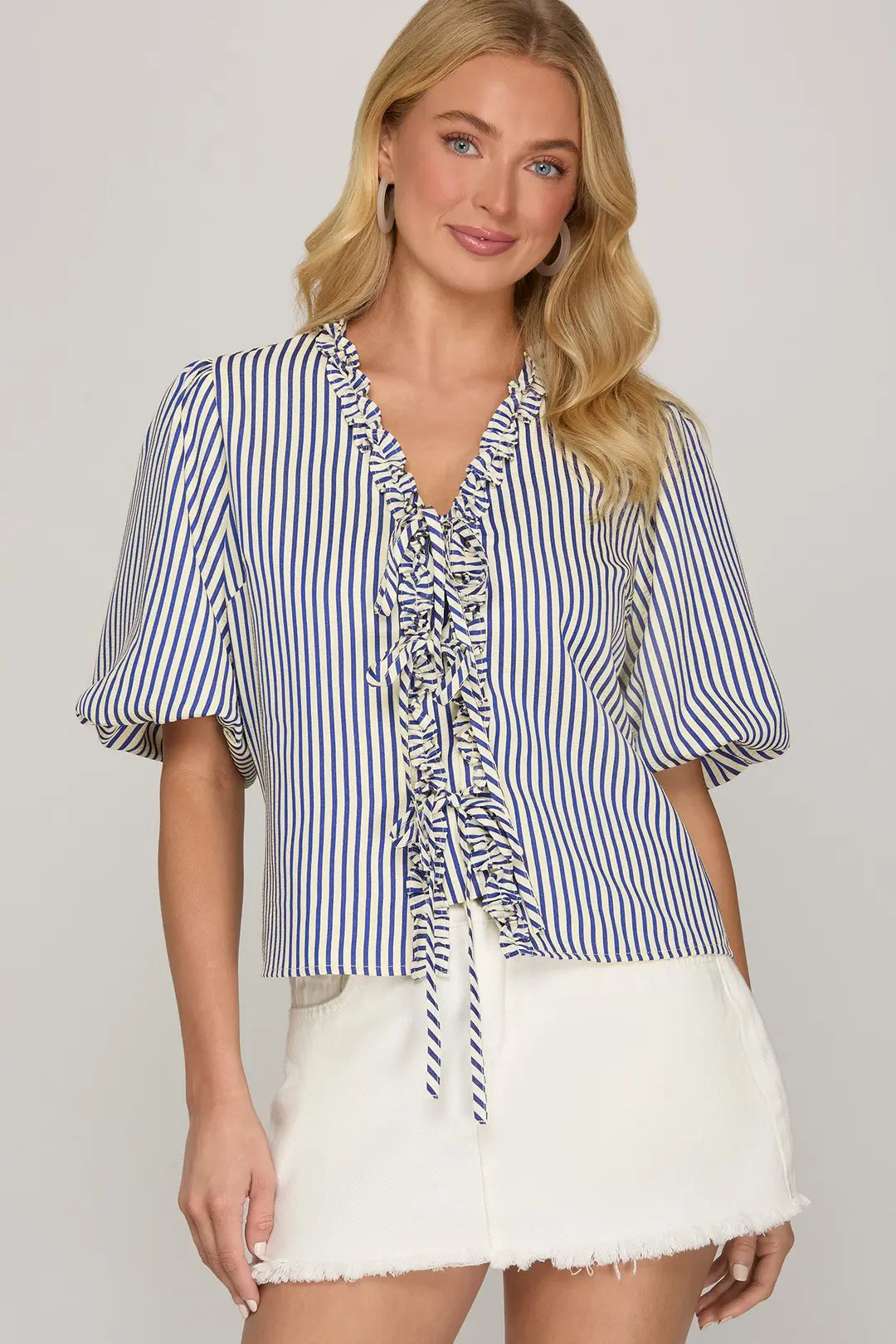 SHE + SKY PUFF SLEEVE RUFFLED FRONT TIE WOVEN STRIPE TOP-NAVY
