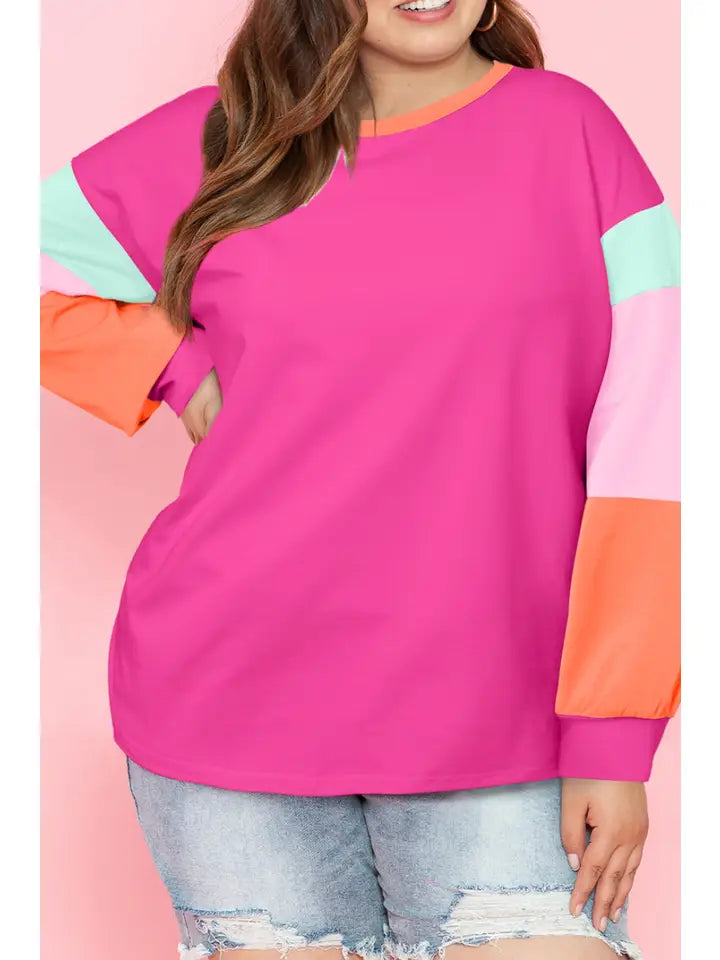 Color Block Round Neck Long Sleeve T Shirt-Rose Red