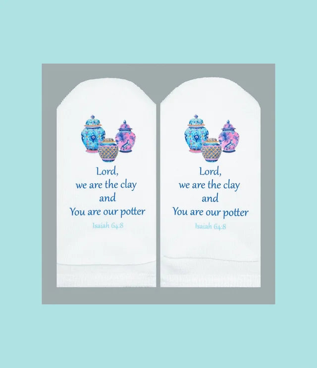Standing on the Word Socks Ginger Jars with verse: Isaiah 64:8 we are the clay