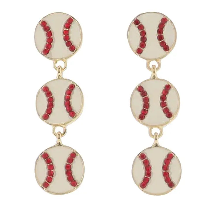 Jane Marie 3 Enamel Baseballs with Red Crystal Earring