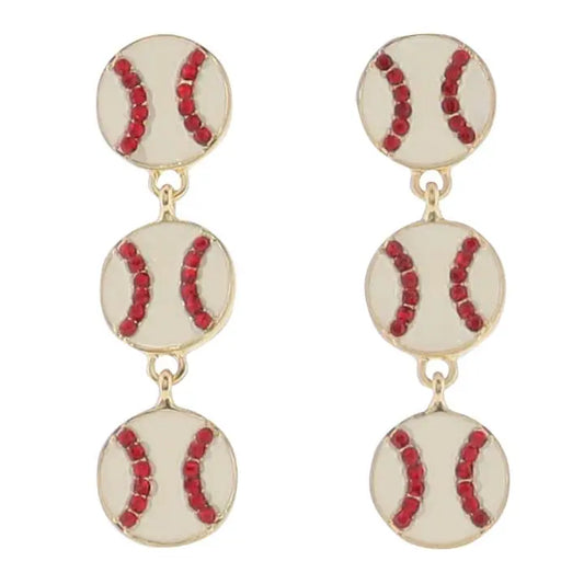 Jane Marie 3 Enamel Baseballs with Red Crystal Earring