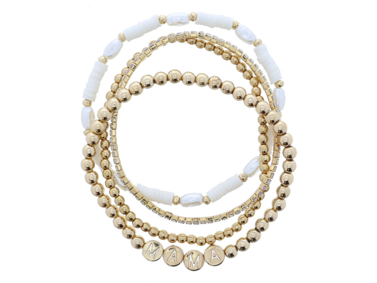 SET OF 4, GOLD BALL, MOONSTONE, GOLD BALL WITH "MAMA", OVAL PEARLS & WHITE RUBBER SEQUINS BRACELET JANE MARIE