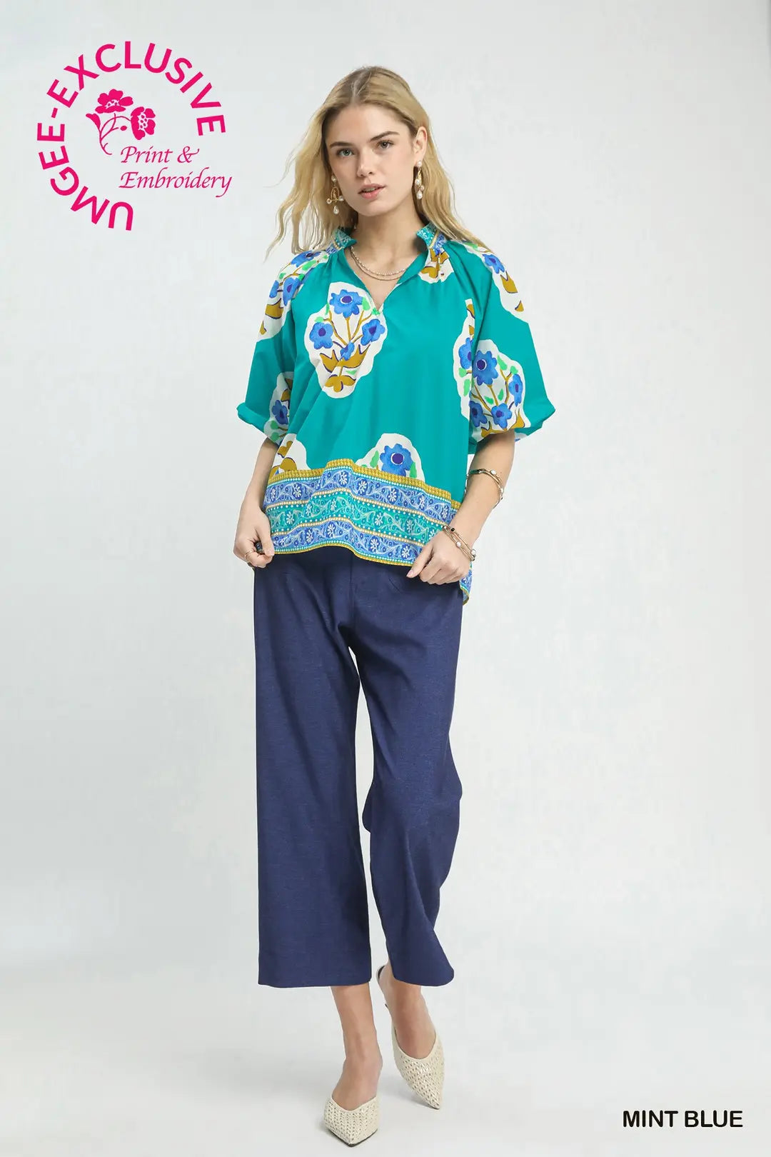 Umgee Boho-Chic Floral Print Blouse-Mint Blue