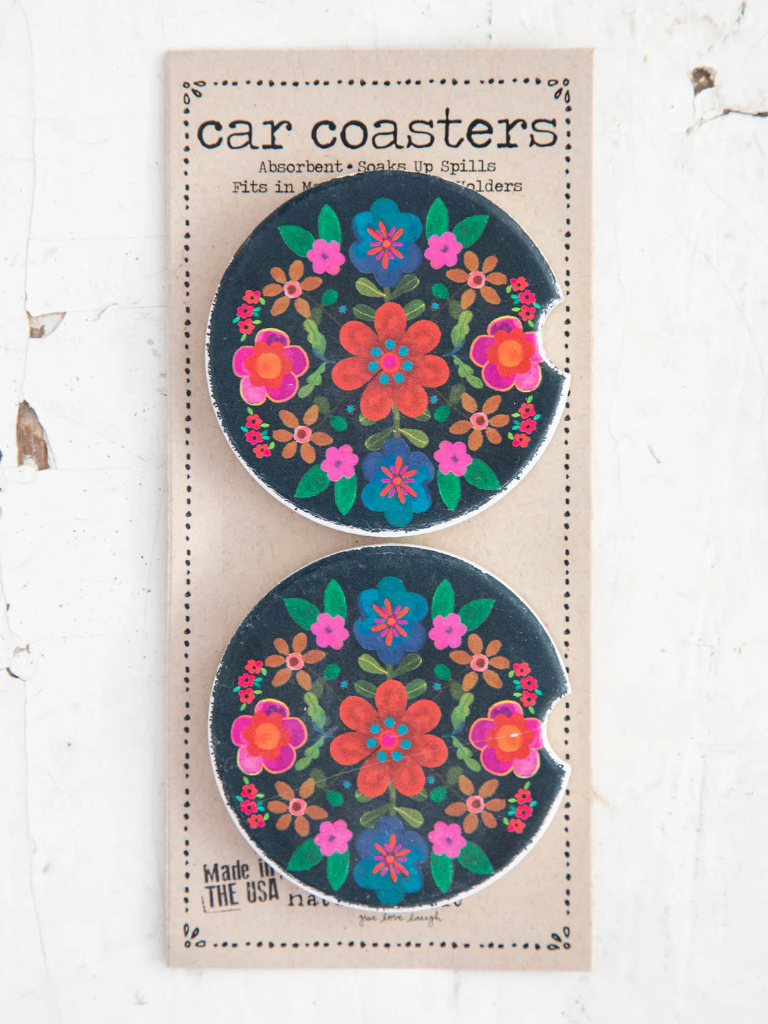 Natural Life Car Coasters, Set of 2-Folk Flower