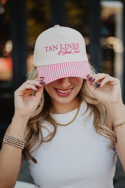 Katydid Tan Lines & Good Times Trucker Hat-Pink and Light Pink Stripe
