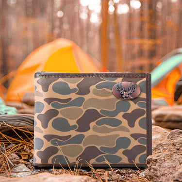 ZEP-PRO BUCK MEN'S BIFOLD OLD SCHOOL CAMO LEATHER WALLET.