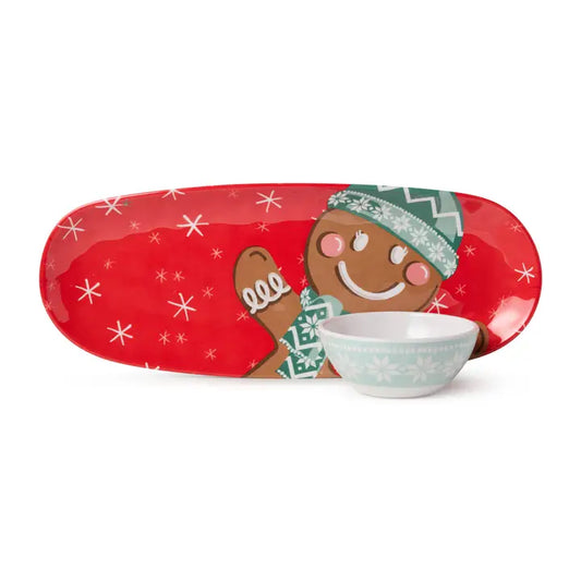 Certified International Christmas Whimsy Gingerbread Melamine Tray and Bowl Gift