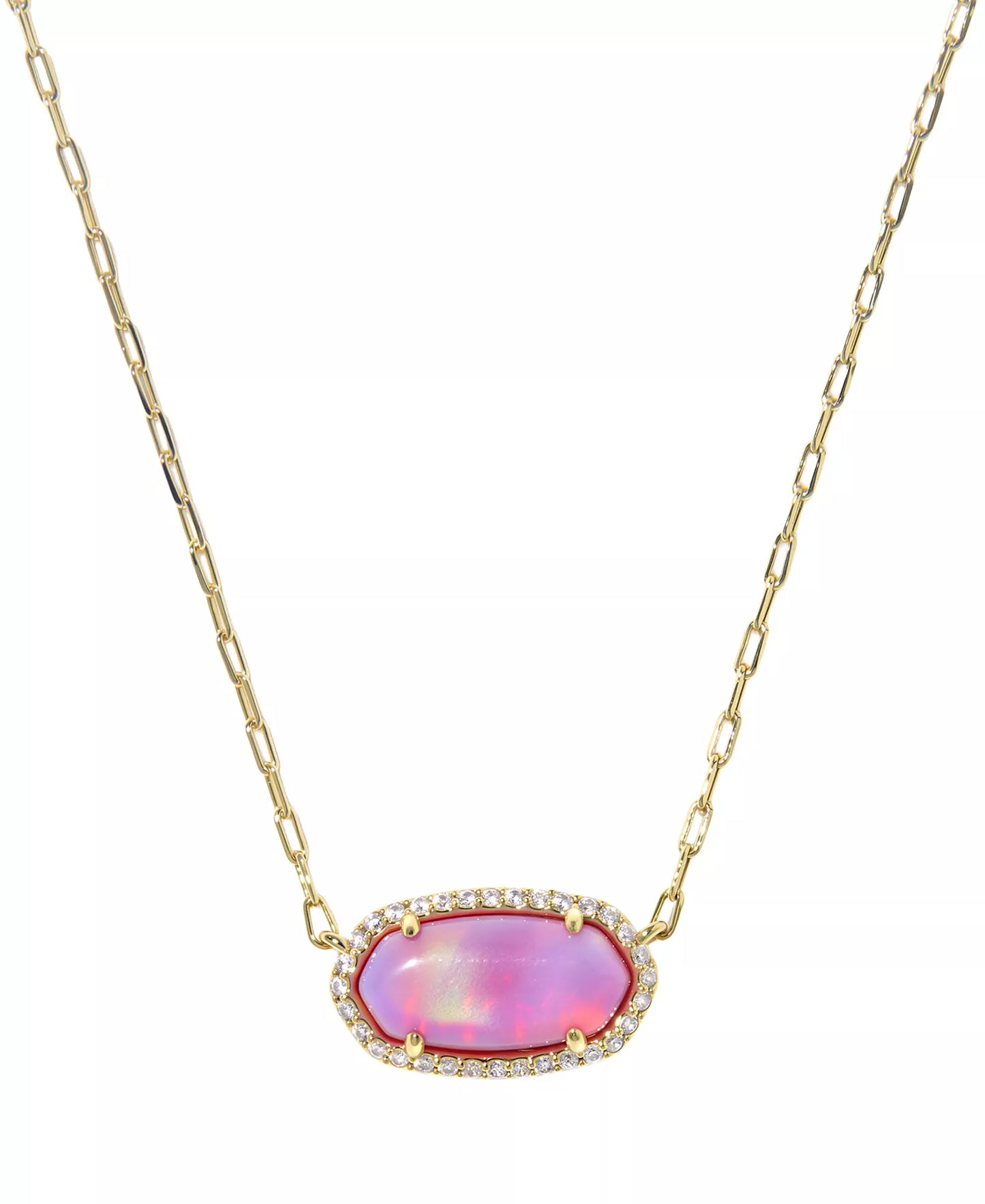 KENDRA SCOTT ELISA PAVE FRAME SHORT PENDANT NECKLACE GOLD PINK OPALESCENT RESIN