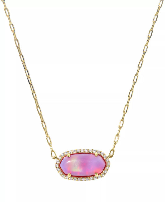 KENDRA SCOTT ELISA PAVE FRAME SHORT PENDANT NECKLACE GOLD PINK OPALESCENT RESIN