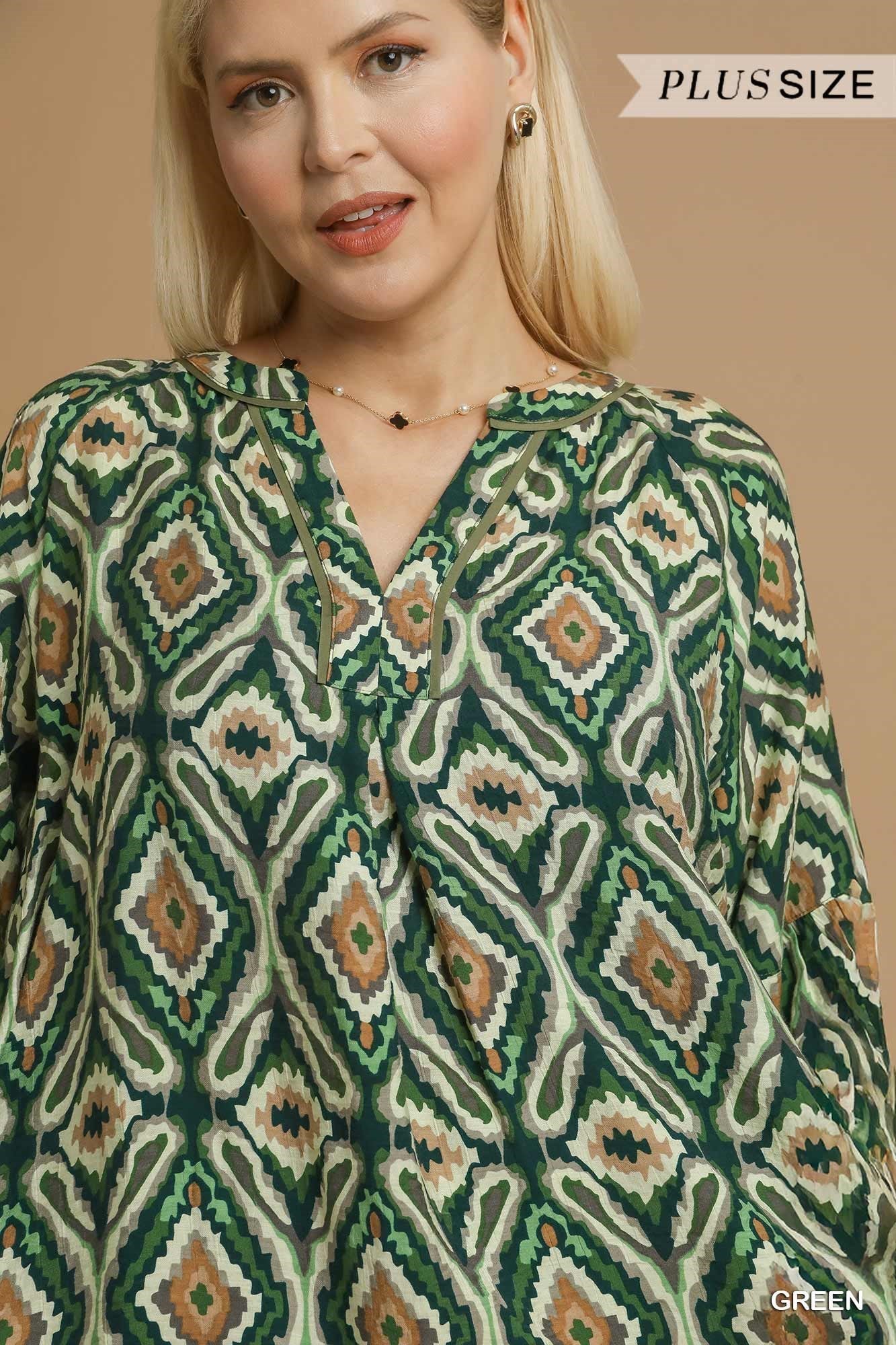 Umgee Boho Geo Print Ruffle Sleeve Top
