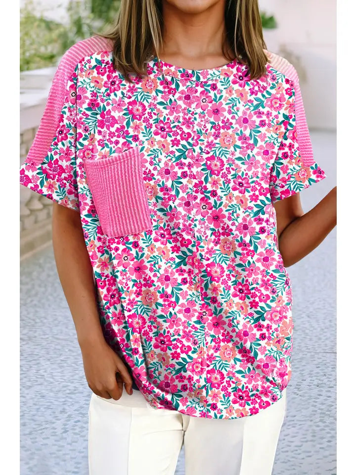 Floral Print Corded Patchwork Loose Top