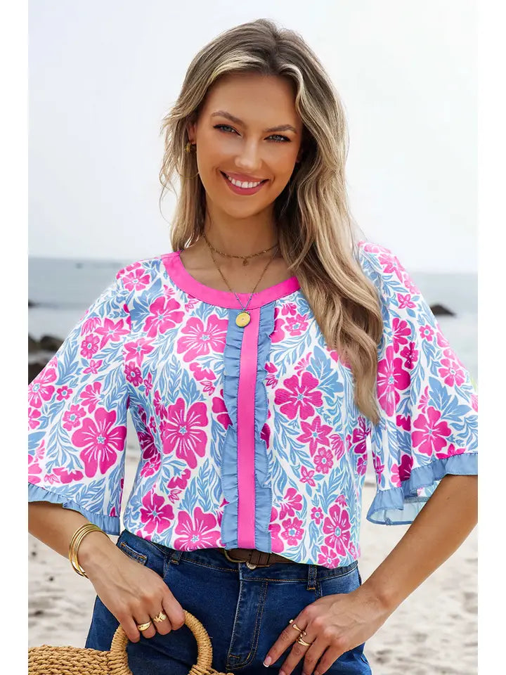 Floral Printed Lace Decorative Shorts Sleeve Top-Rose