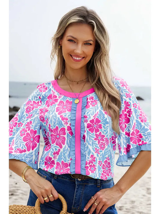 Floral Printed Lace Decorative Shorts Sleeve Top-Rose