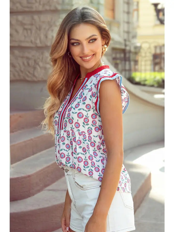 Sunflower Printed Contrast Trim V Neck Flutter Sleeve Blouse