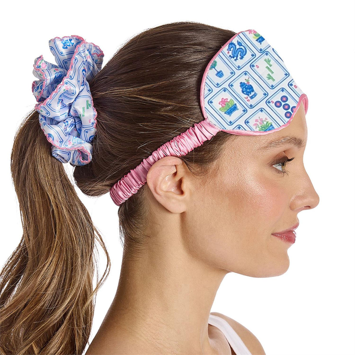 Two's Company Pagoda Party Mahjong Sleep Mask and Ruffle Scrunchie Set with Matching Drawstring Gift Bag
