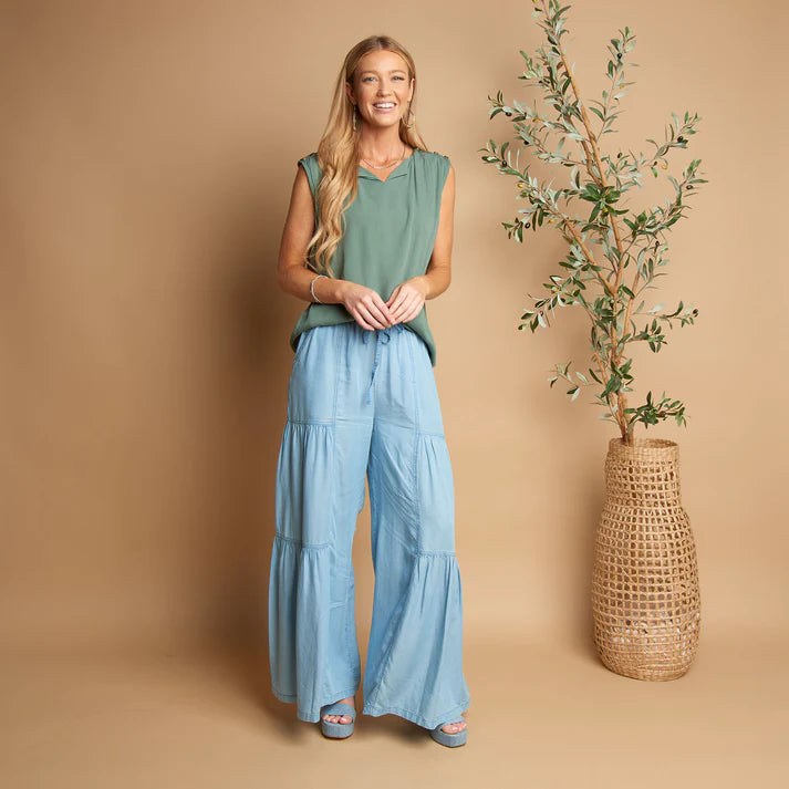 ELSIE & ZOEY  Delaney Wide Leg Tiered Drawstring Chambray Pants