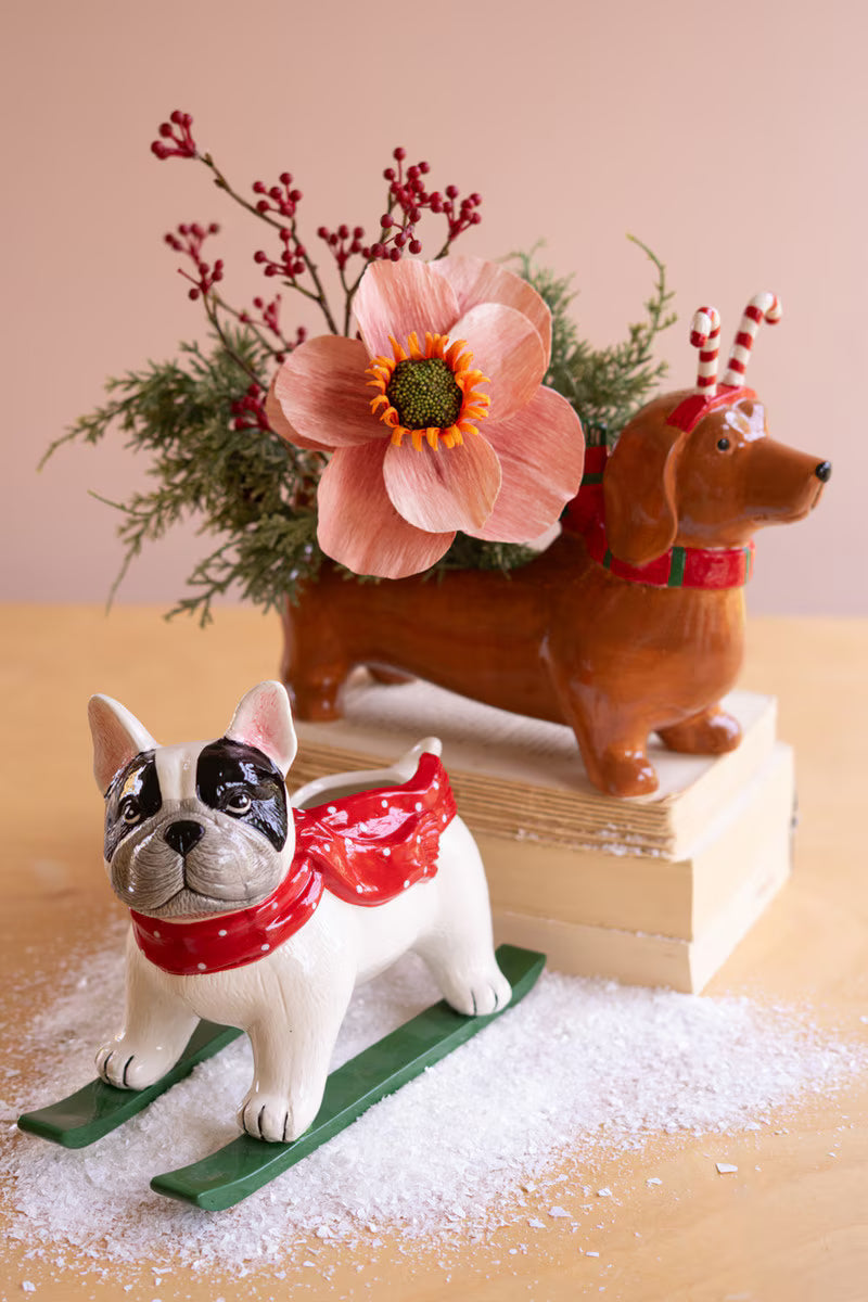 Kalalou Ceramic Christmas Dachshund Planter with a Candy Cane Headband