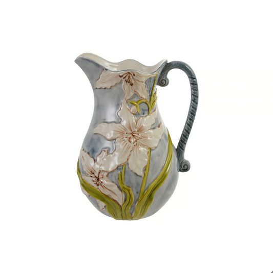 HAZEL MAZEL Embossed Stoneware Pitcher W Flowers