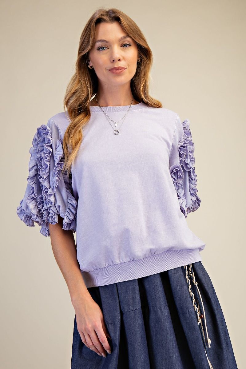 EASEL RUFFLED SLVS MINERAL WASHED TOP-LAVENDER