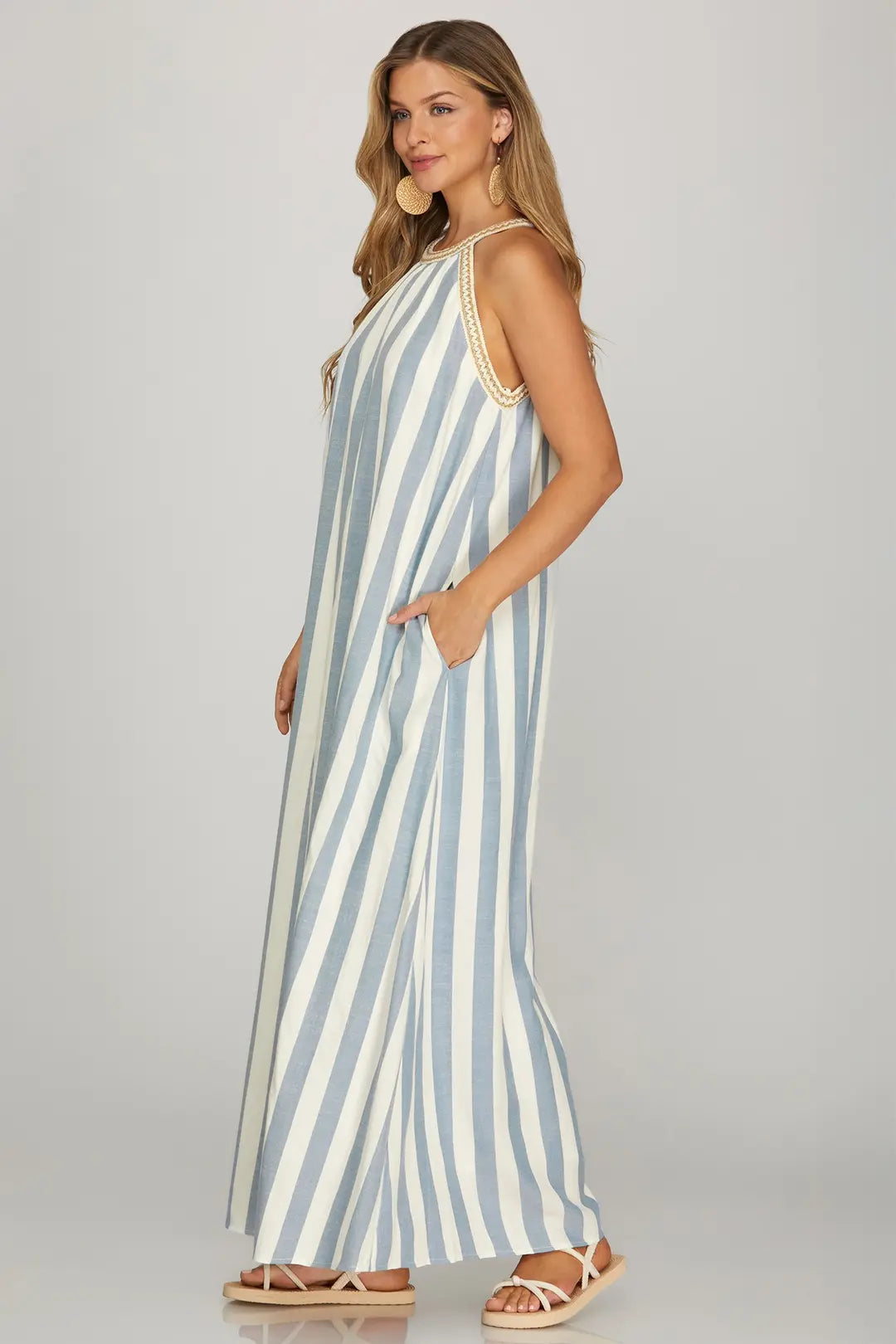 SHE + SKY HALTER NECK WITH TRIM STRIPE WOVEN A LINE MAXI DRESS WITH POCKETS-NAVY