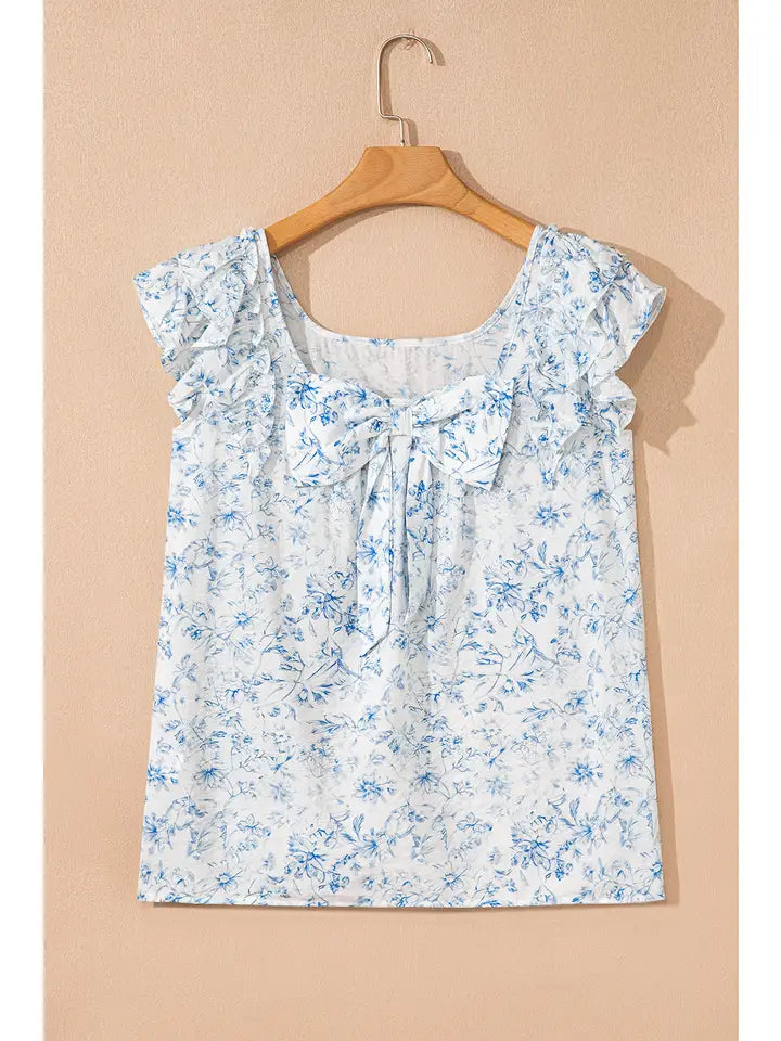 Floral Ruffled Short Sleeve Square Neck Bow Back Blouse
