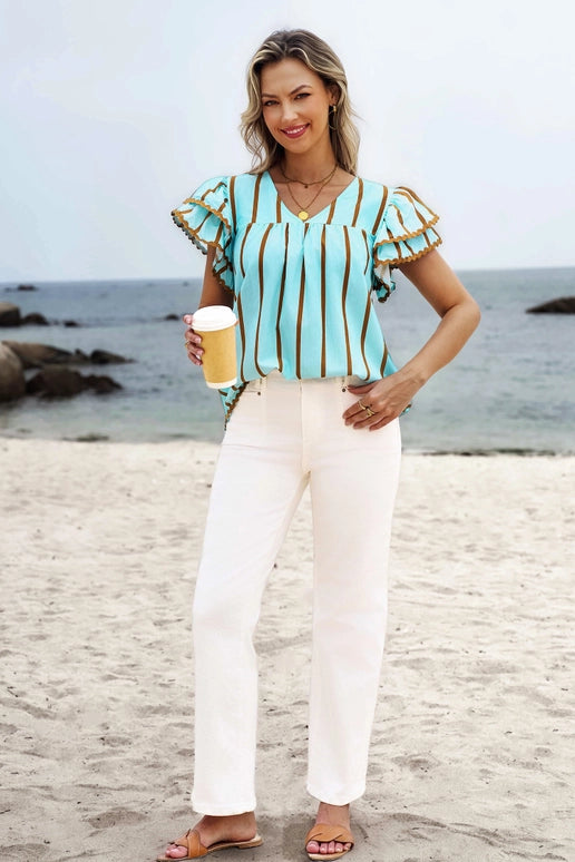 Ricrac Trim Double Ruffled Short Sleeve V Neck Blouse
