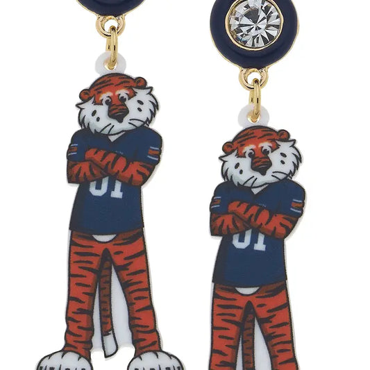 Canvas Style Auburn Aubie the Tiger Resin Mascot Earrings in Orange/Navy