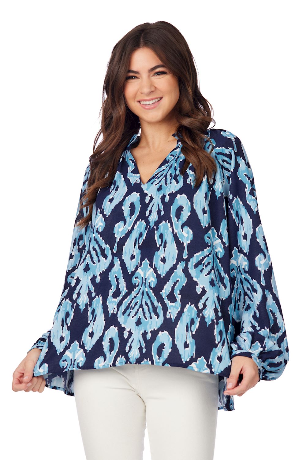 MUD PIE NAVY IKAT BLOCK PRINT WARREN TOP