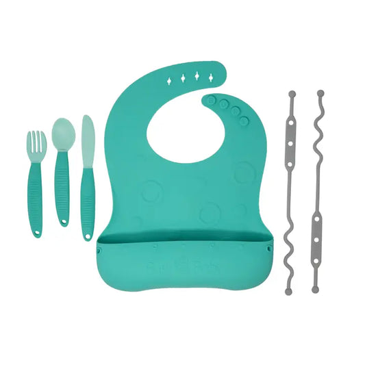 Busy Baby Stop-Drop Travel Bib+ Utensils-Spearmint