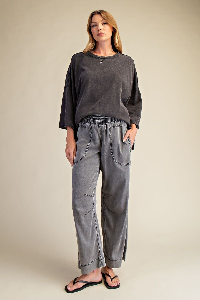 EASEL SMOCKED WAIST WASHED CHAMBRAY DENIM PANTS-BLACK DENIM