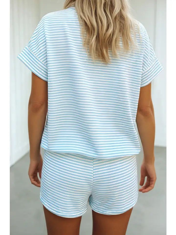 Las Stripe Cuffed Contrast Tee Casual 2pcs Shorts Set