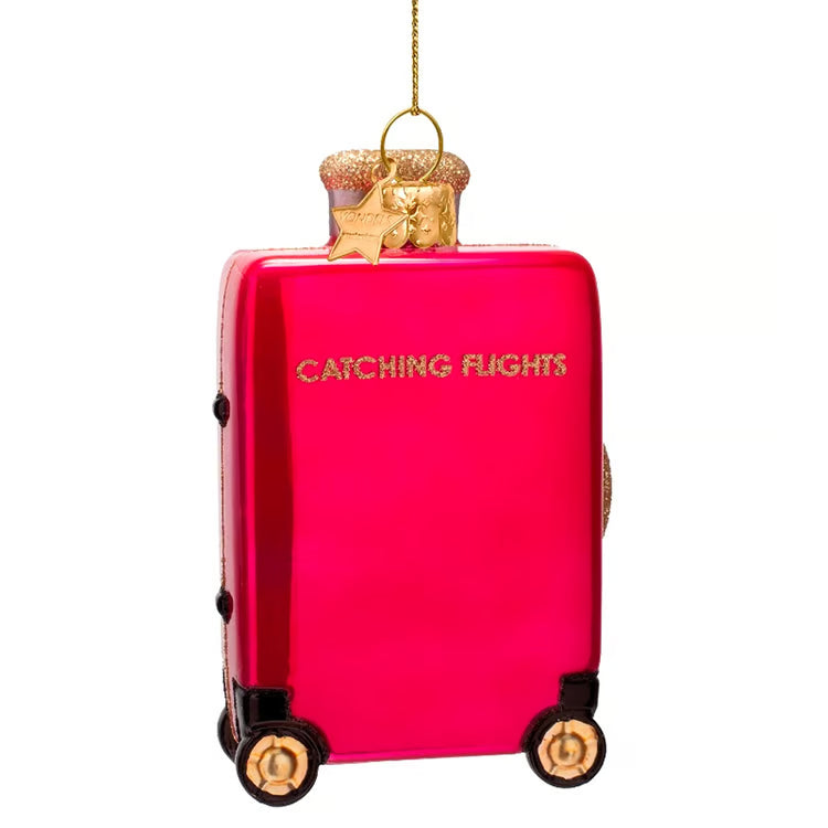 VONDELS Ornament glass raspberry pink catching flight suitcase H4"