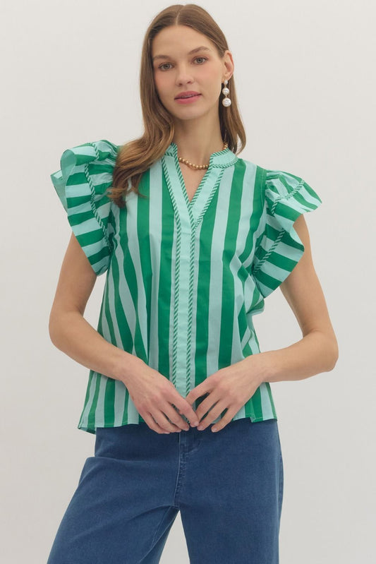 Entro Striped Flutter Sleeve Top