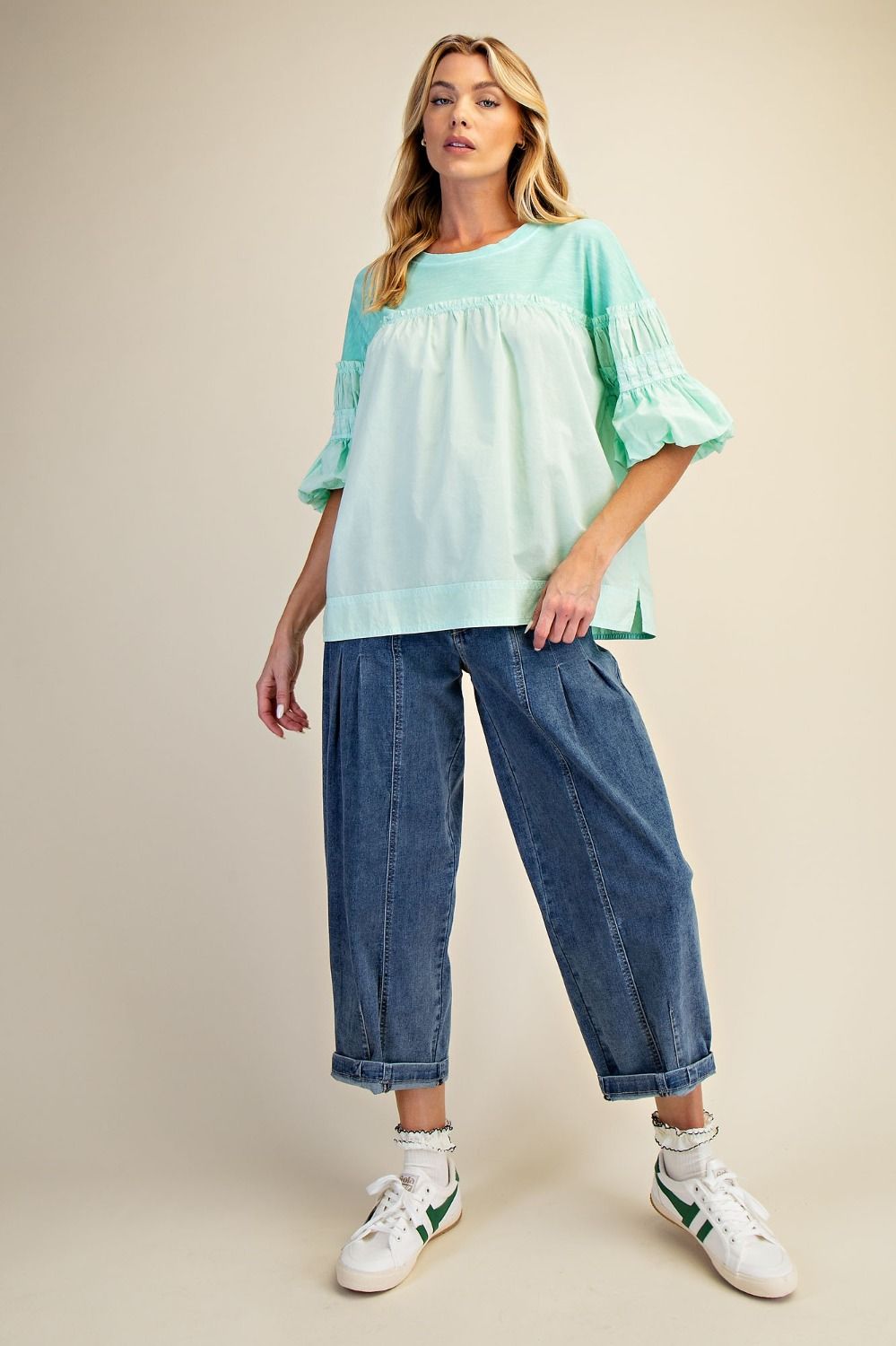 EASEL WASHED COTTON VOILE TOP-ATLANTIS GREEN