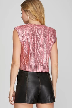 SHE & SKY SLEEVELESS CABLE KNIT METALLIC CROP SWEATER