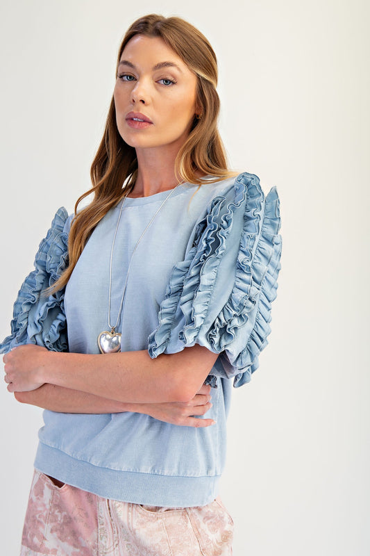 Easel Ruffled Slvs Mineral Washed Top