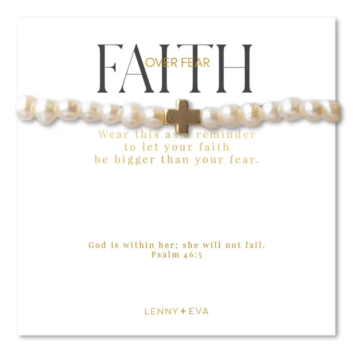 Lenny & Eva Faith Over Fear Gold Cross Bracelet,6mm-Pearl Beads