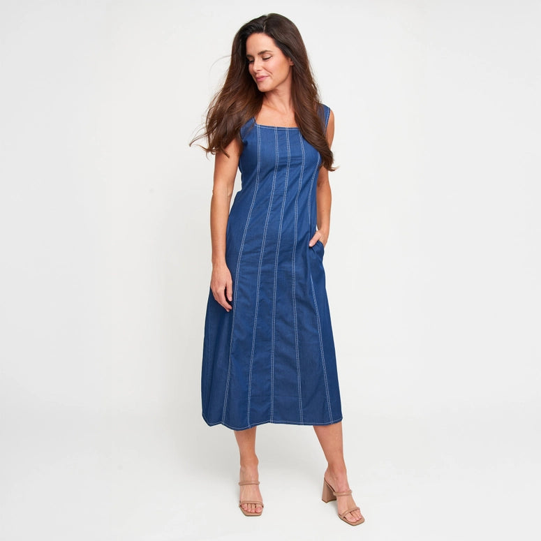 Elsie & Zoey Midi Dress Elle Sleeveless Stretch Denim Square Neck