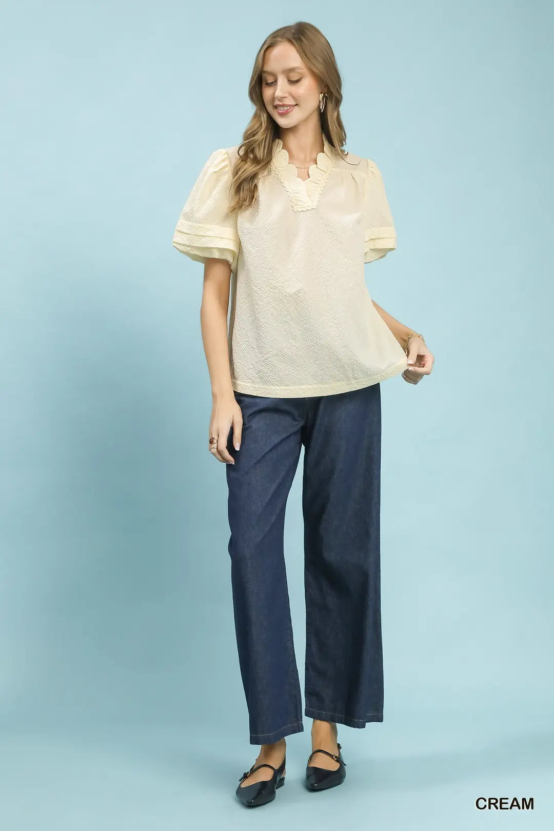 Umgee Textured Scallop Trim Puff Sleeve Blouse