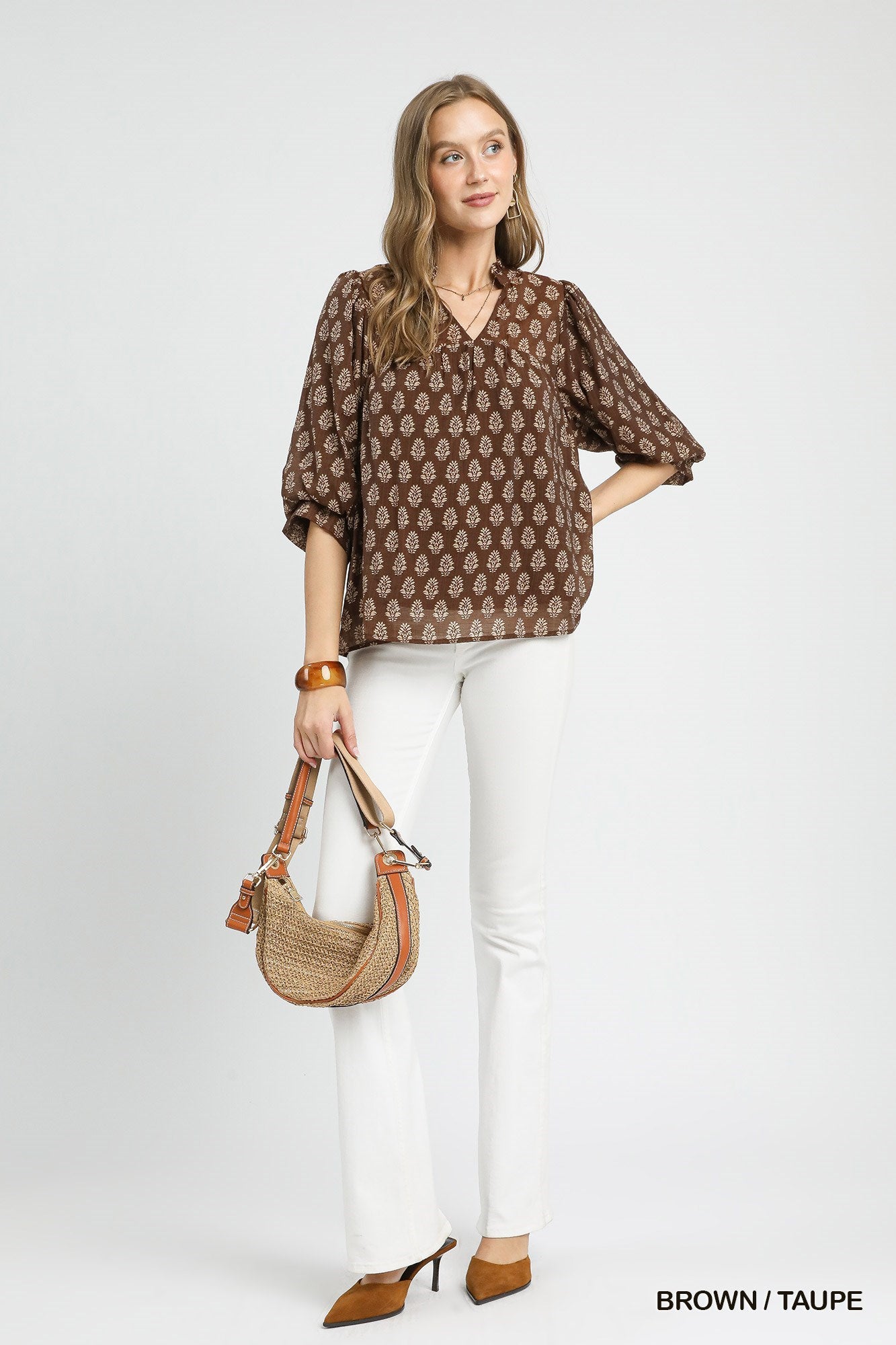 Umgee Floral Print V-Split Blouse