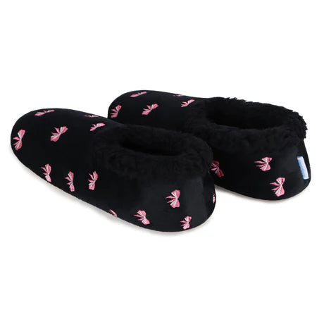 Snoozies! Womens Embroidered Bow-Utiful Slipper With Memory Foam Sole Black