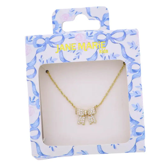 Jane Marie Kids Gold Rolo Chain Necklace with Clear Crystal Bow