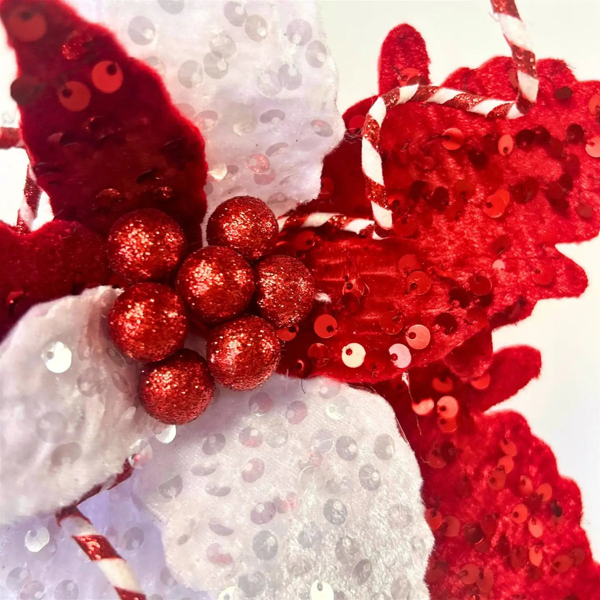 David Christopher's Mixed Velvet/Sequin Leaf Poinsettia Stem - Red/White 28”