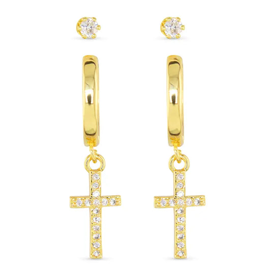 Amanda Blu Gold Cross & Stud Duo Earrings