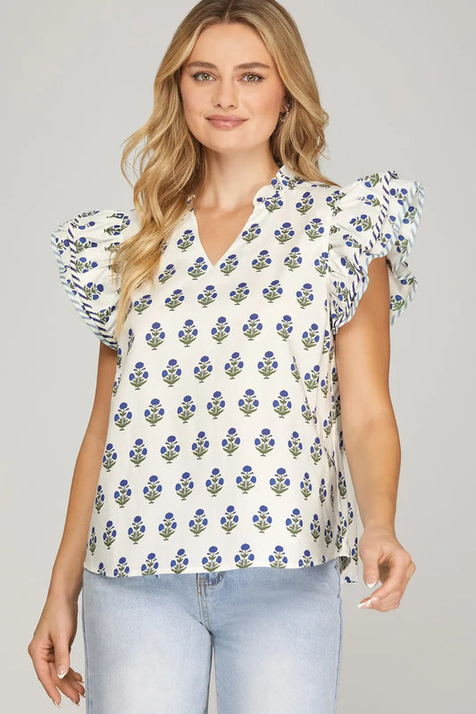 SHE + SKY RUFFLED SLEEVE WOVEN PRINTED TOP-OFF WHITE