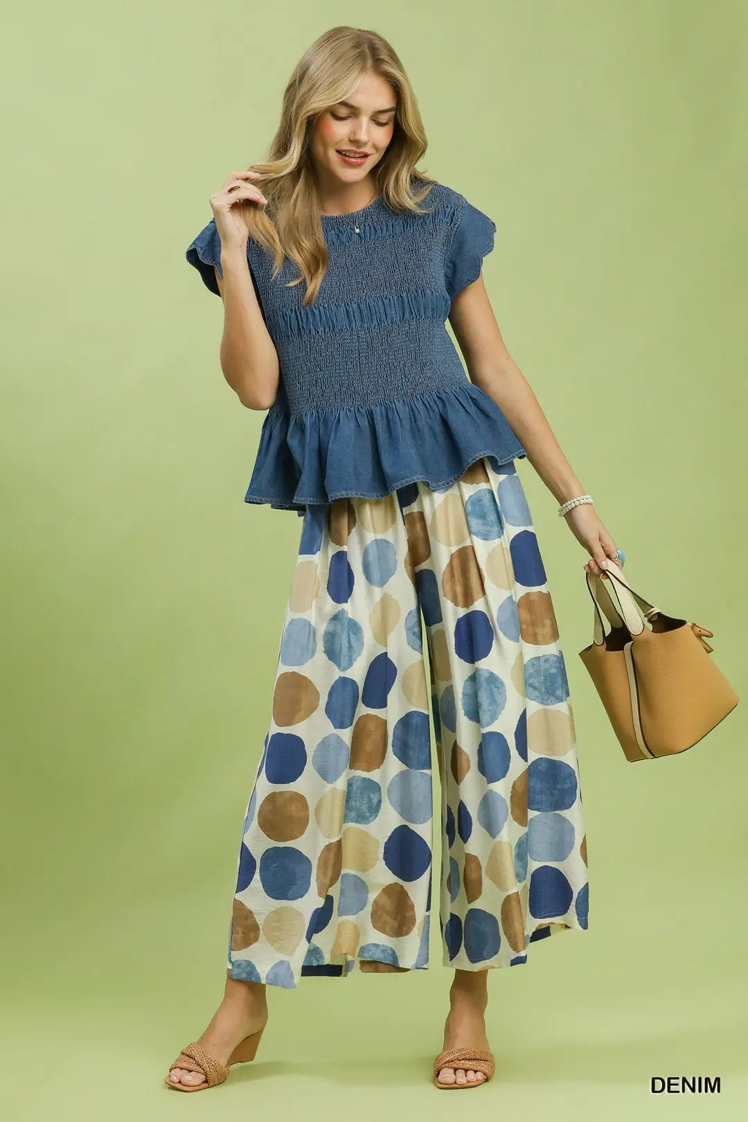 Umgee Chambray Smocked Peplum Top-Denim