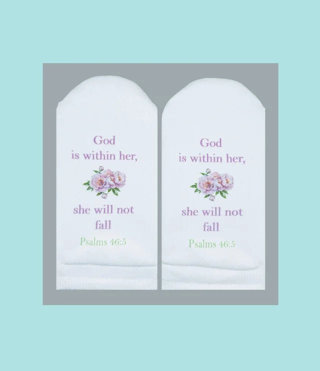 Standing on the Word Socks Peonies with Bible Verse: Psalms 46:5 God is within her, she will not fall