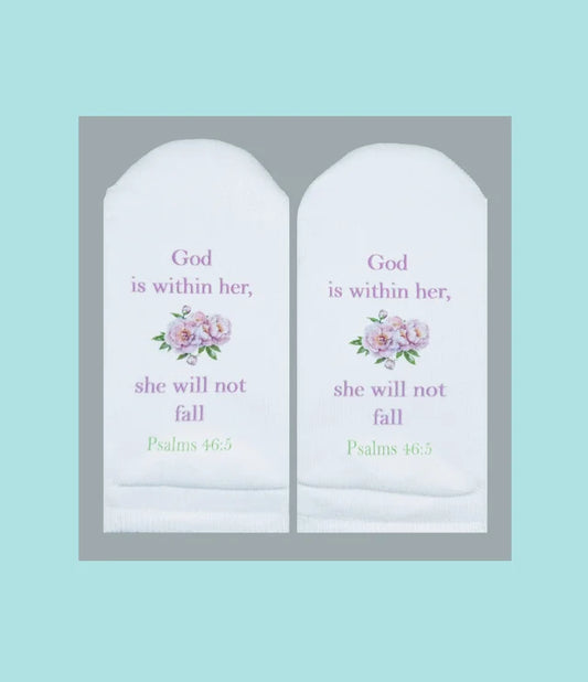 Standing on the Word Socks Peonies with Bible Verse: Psalms 46:5 God is within her, she will not fall