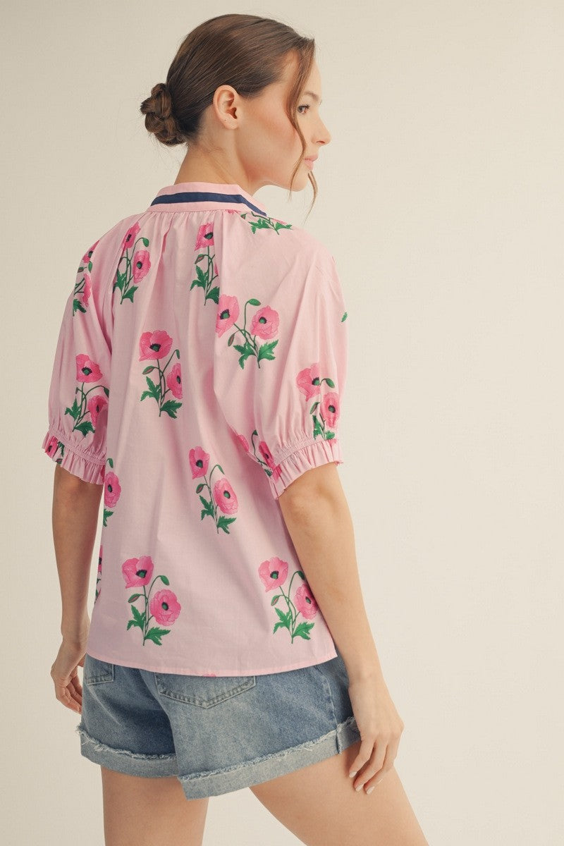 Jodifl Color Contrast Accent Floral Top-Pink